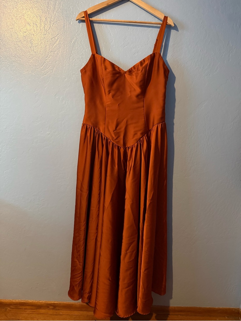 Azazie Rust Satin Maxi Dress with Spaghetti Straps